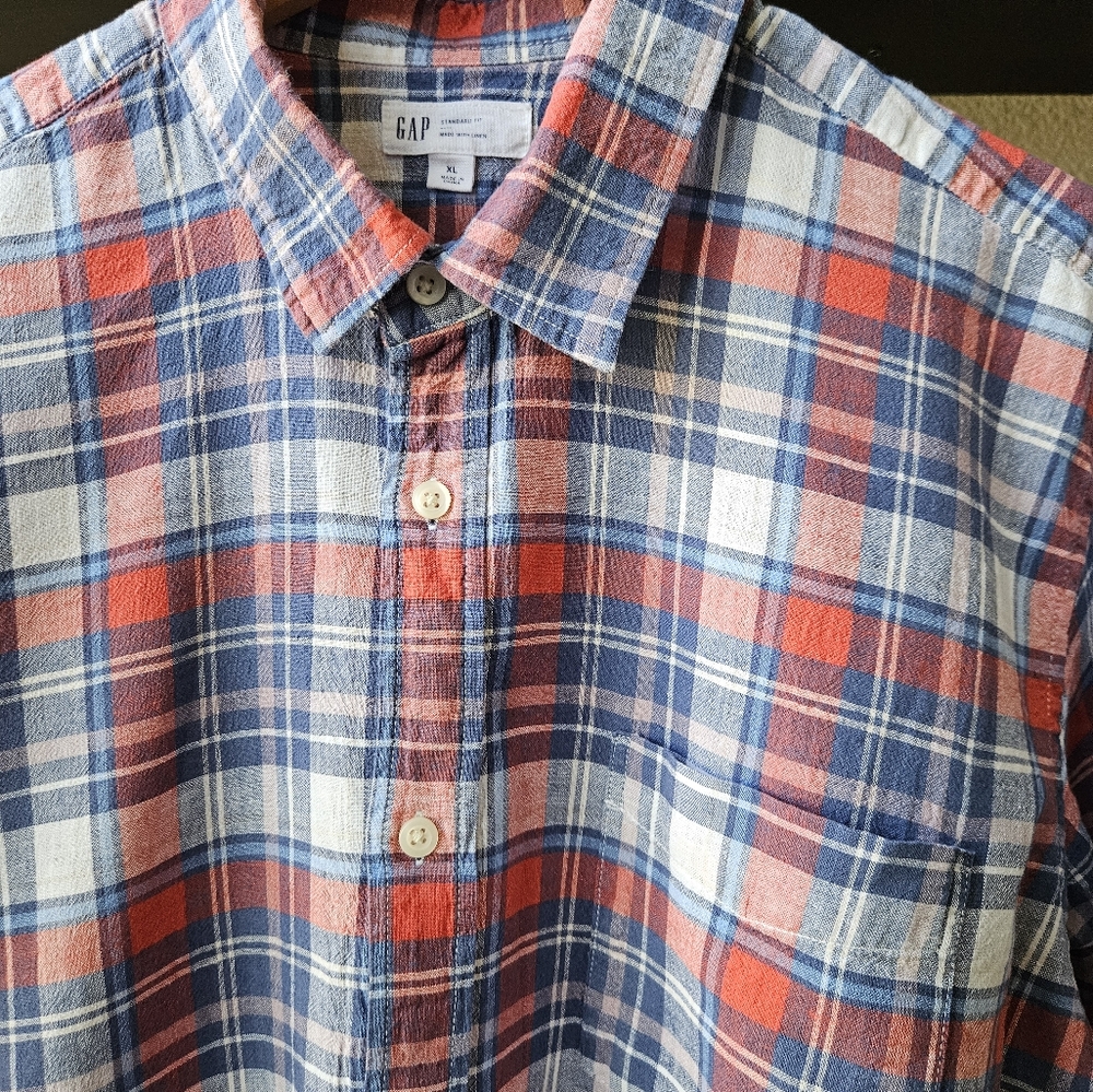 Gap Men's Red and Blue Plaid Shirt XL